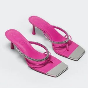 282. NWT - Mango (MNG) Hot Pink Rhinestone Strap Mules with Silver Toe Accent